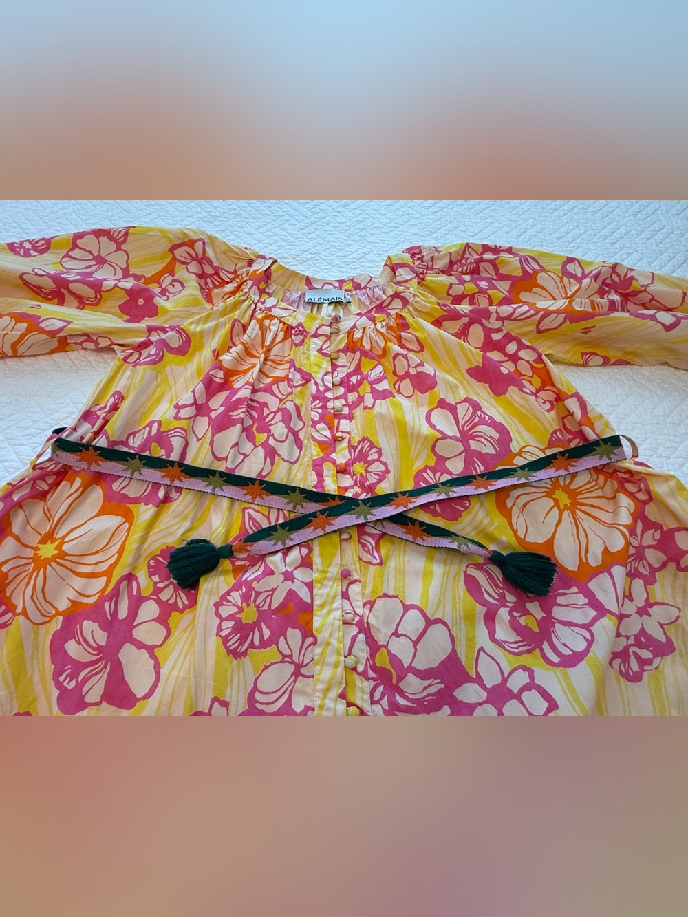 Alemais Pink & Yellow Floral Cotton Mini Dress with Belt - AU12/US8 - Picture 6 of 13
